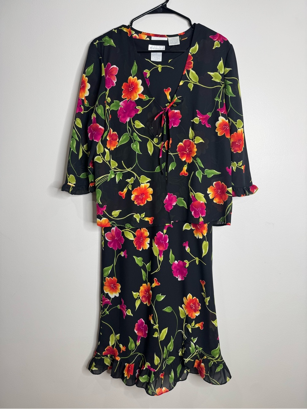 Worthington Vintage Dark Floral Midi Tank Dress‎ Tie Shrug Set Size 14 Y2K